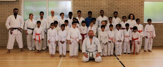 Sensei Alan Campbell - Head of JKS England visited JKS Harrow on Sunday 29th April to conduct a Kyu grading and Open Technical Seminar. 
The Seminar was well attended with 30+ students from various associations. 
This photo is of the first class for dojo members only. 