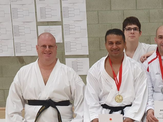A championship which saw over 400 competitors from 8 countries including France, Germany, Poland, Norway and Kuwait. 
As a small club we had great results. 
Little Taiyo took Bronze in 6-7yr old Kumite in his first competition!! 
Daniela did great getting to the Kata and Kumite finals getting 4th place and Silver respectively. 
Harshil took Bronze in Senior Kata in a very tough field. 
Sensei Shyam got to the Veterans kata finals taking 4th place and just missing out on a medal. 
The category of the day for the club was the Veterans Kumite which saw a field of 30 men enter. 
HSK took Gold and Silver with Sensei Anas taking Silver and Sanath winning Gold! 
Alex and Mihails also took top 8 finishes in their Kumite categories. 
Well done to Adam and Lakshita on some solid performances too.
Great day with only a small team attending and top level competition.