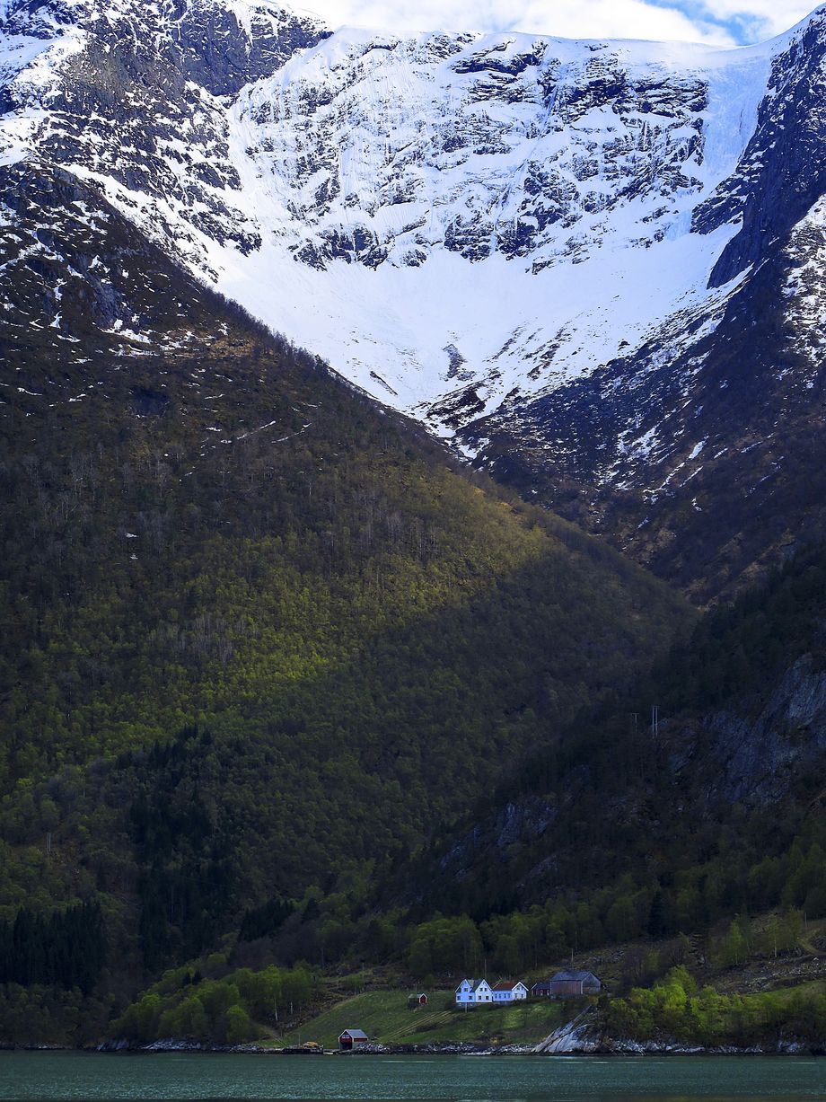 Garden Vetlesand med mektige fjell over husa (Blånipa mot venstre 1242 moh og Raudfjellet 1259 moh mot høgre) og med Sognefjorden tett ved husa!
The farm Vetlesand in Vik with the huge mountains (1250 meters) just above and the Sognefjord quite near the houses!