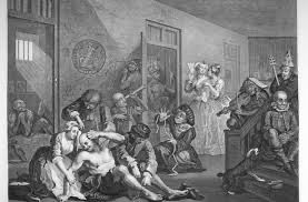 William Hogarth, The interior of Bedlam, 1735, écritures dessinées de 
