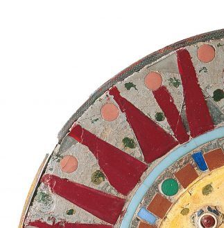Josué Virgili, [Visage-soleil] (emblème de l’Aracine), av. 1982 technique mixte, 50 cm (diam.), coll. L’Aracine, LaM