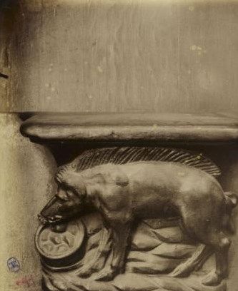 Misericord of the Church Saint-Gervais Saint-Protais A pig eats from bowl 
Atget
(Musée Carnavalet)
