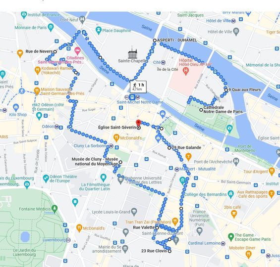 stroll in old medieval Paris left bank detailed itinerary
