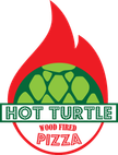 Red Flame surrounding green turtle shell, HOT TURTLE WOOD FIRED PIZZA 