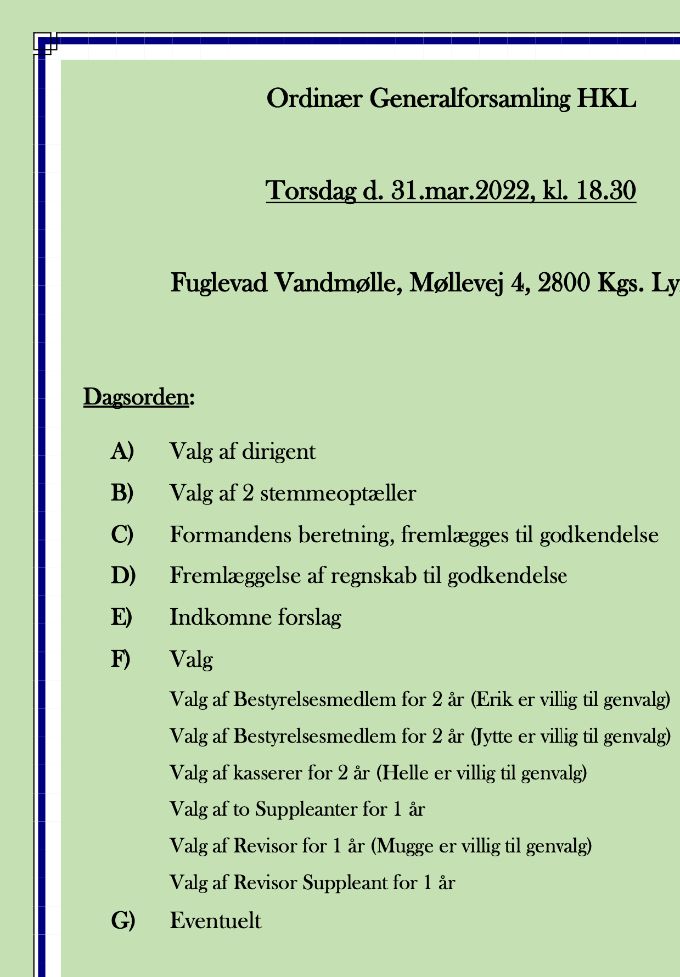 Dagsorden til generalforsamling 31/3-22