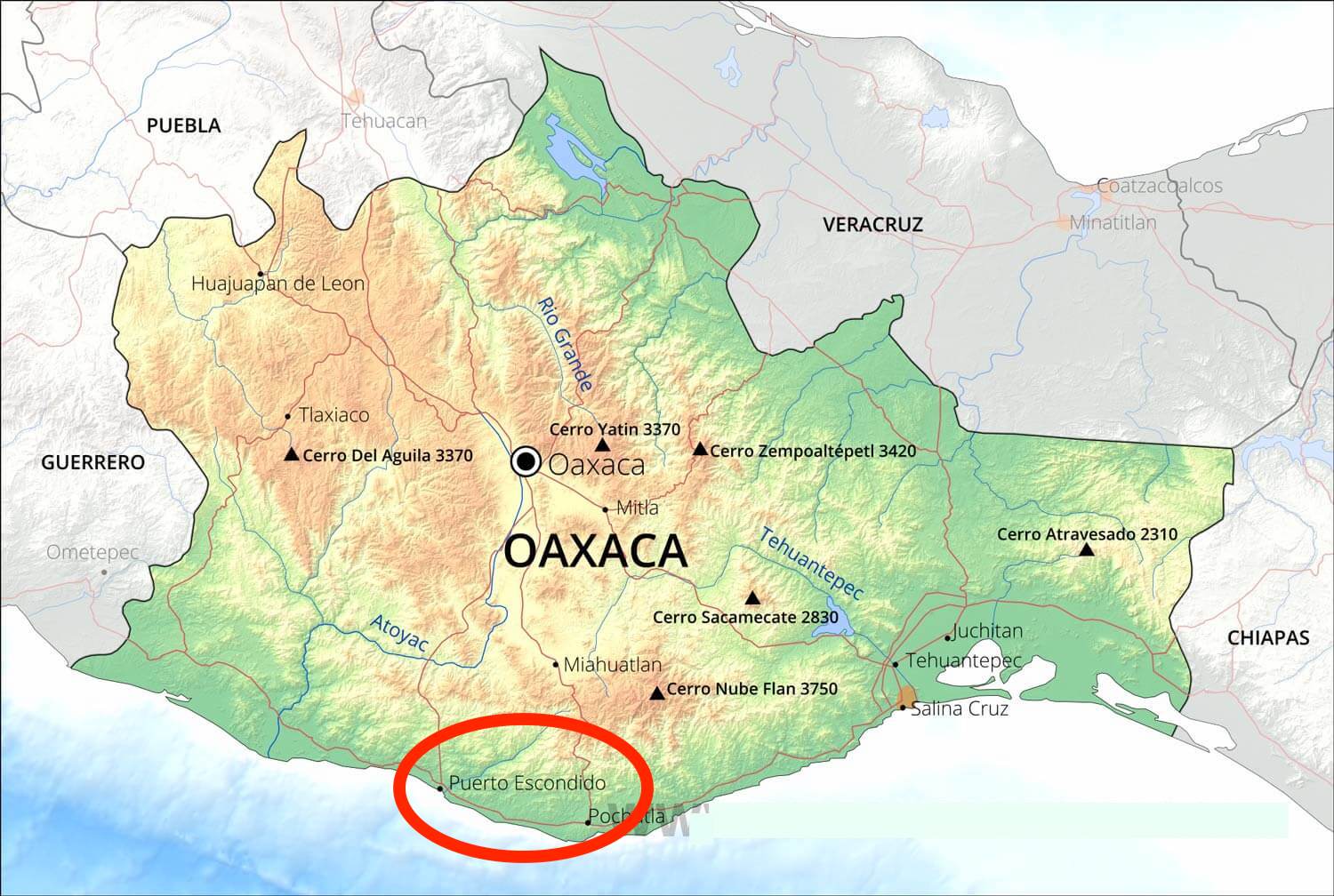 De Mexicaanse staat Oaxaca, met de kustplaats Puerto Escondido.