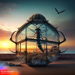 Firefly_modern+glass home , sunset sky, seaside, surreal, gigantic ins