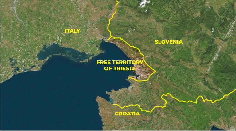 The present-day Free Territory of Trieste borders with Italy (since 1947) and Slovenia (since 1992).