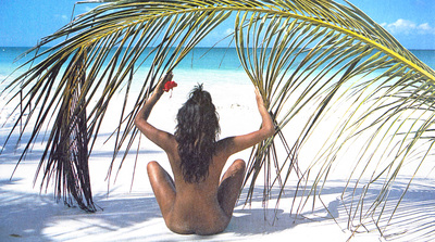 Jackie St. Clair, Mustique 1990 Calendar Shoot, photographer Lord Lichfield