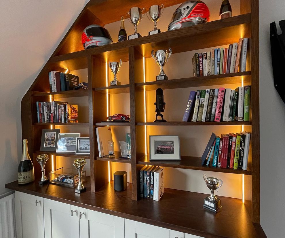 custom bookself with lighting and white bottom doors