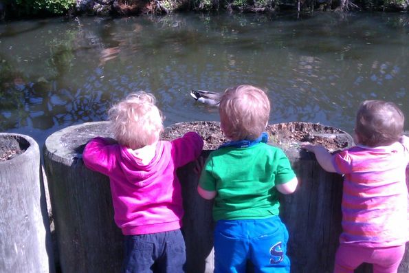 Karla, Linus og Lilli ser interesseret på ænderne:)