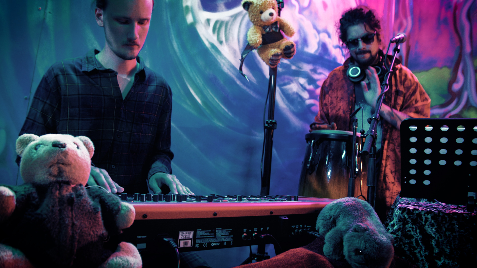 piano player and bongo drums