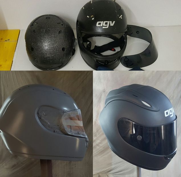 From damaged mat coat, over base filler, to end mat coat with original old AGV logo.