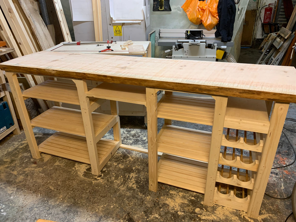 Live edge rustic pine garden room bar commission.