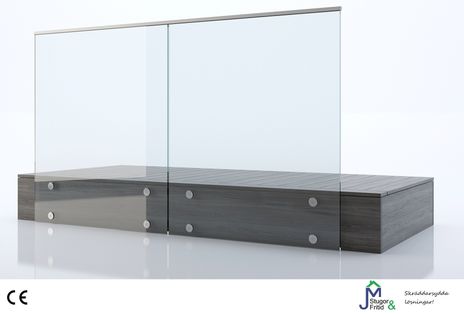 Glasräcke med U-profil punktfixering vägg och fasad rökfärgat glas 