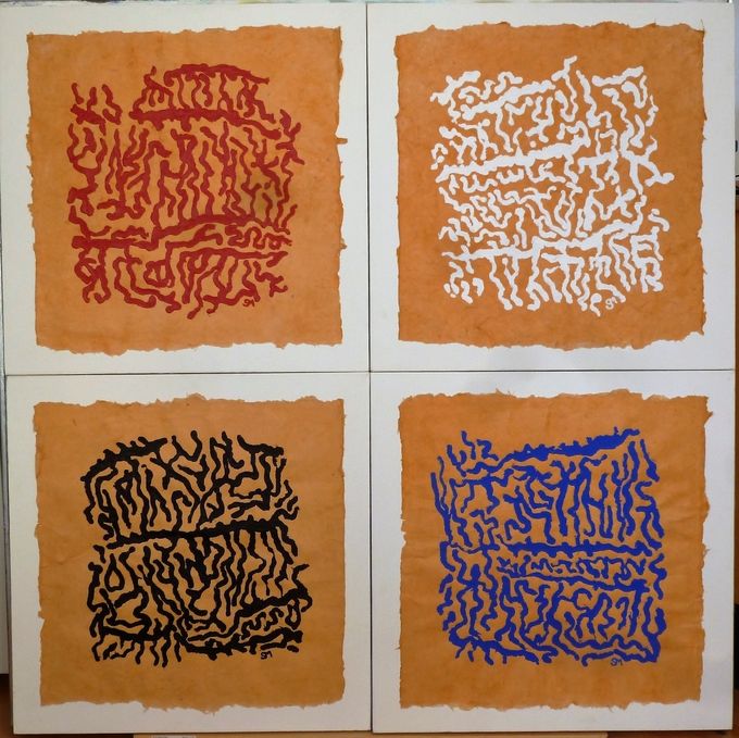 Uden titel 2004. Acryl på håndlavet papir på lærred. 4 stk a' 60*60 cm
