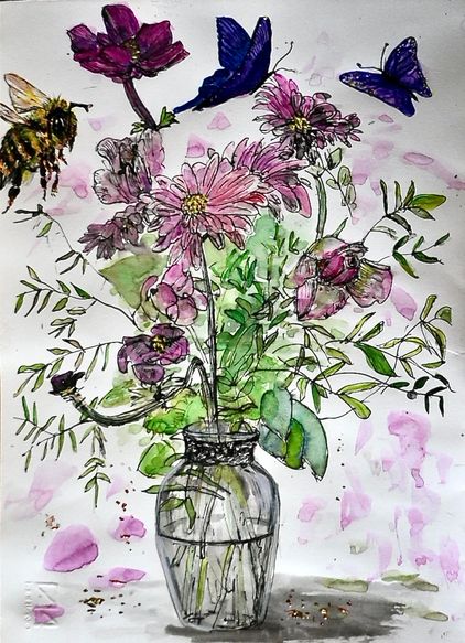 Honey bee, butterflies, flowers
