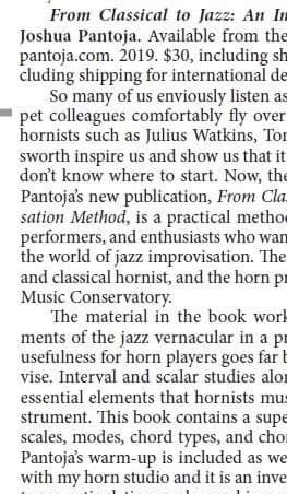 International Horn Society Book Review on From Classical to Jazz an Improvisation Method Muy contento con la reseña de mi libro From Classical to Jazz an Improvisation Method que publicaron en el International Horn Society. Totalmente agradecido con Dios por todas sus bendiciones. Muchas gracias al profesor Matthew C. Haislip por tan excelente reseña.  🙏🏼🙏🏼📯📯🌊🇵🇷🇨🇴🏝☕️ www.joshuapantoja.com