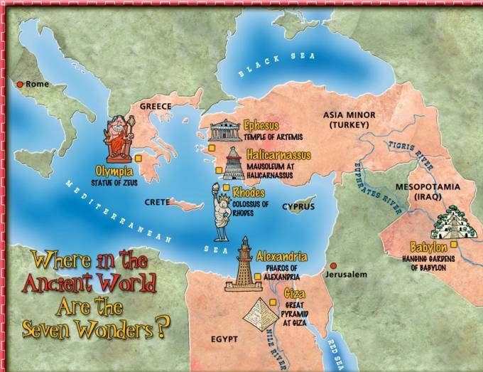 Mapa de ubicación de las 7 maravillas del mundo antiguo 
<<De septem orbis miraculis>>
