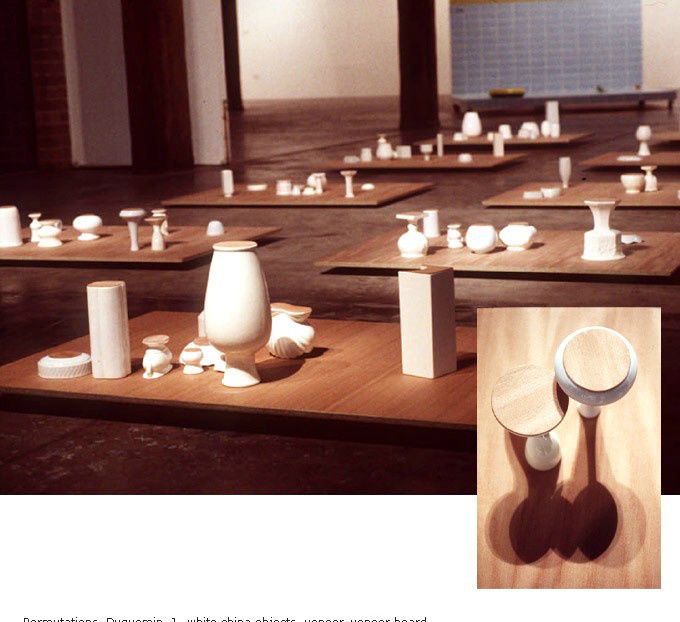'Permutations', white china objects, veneer, veneer board. Size variable. Exhibition: Ground Up. Artspace, Sydney. 1999. Curated by Adam Boyd. Photograph/Slide by Ian Hobbs.