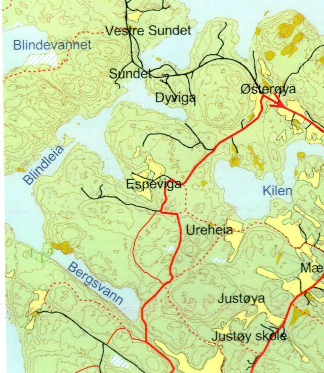Dette kartet viser de fleste stiene på øya. I tillegg er det mulig å gå rundt Bergsvann. Flere steder er stiene de siste par årene gjort mer framkommelige. Vi kan nevne ny bro over bekken ved Bergsvann, og tydelig skilting slik at det er lett å orientere seg dersom du er ukjent i terrenget.