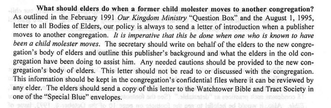 Letters to Elders 14. marts, 1997,børnemishandlere der flytter menighed