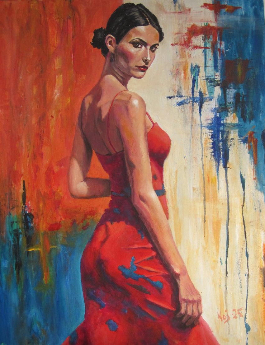 Young woman in red dress