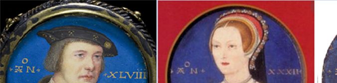 Four miniatures from the Tudor Era with precisely the same limnings. From the left suggested identifications have included – Thomas Boleyn, Katherine Parr, Amy Robsart, and Anne Boleyn.