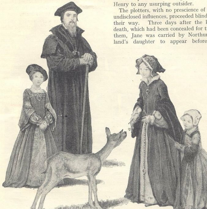 Lady Jane Grey, Lady Katherine Grey and Lady Mary Grey with their tutor John Aylmer (illustration)