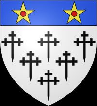 Arms of de Clinton, Barons Clinton: Argent, six crosses crosslet fitchée sable three two and one on a chief azure two mullets or pierced gules