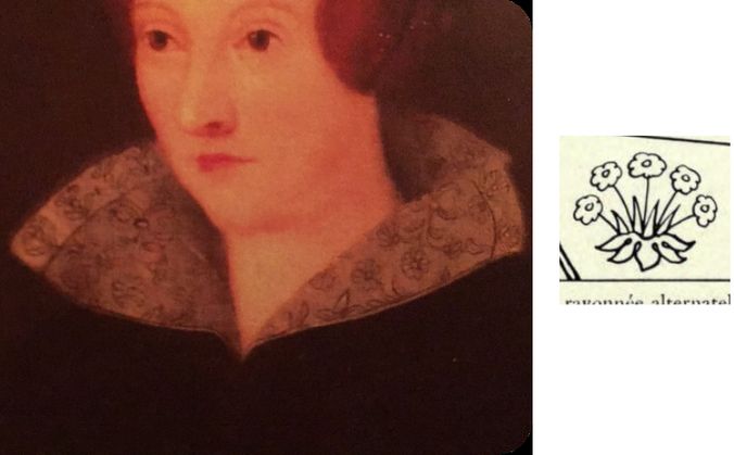 The Grimsthorpe Portrait (detail) – The pattern of the standing open collar & Sprigs of Pinks – The badge of the Grey family of Dorset (detail)