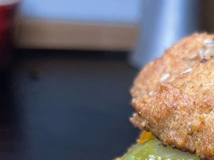 Lækker paneret kyllinge burger med bid.