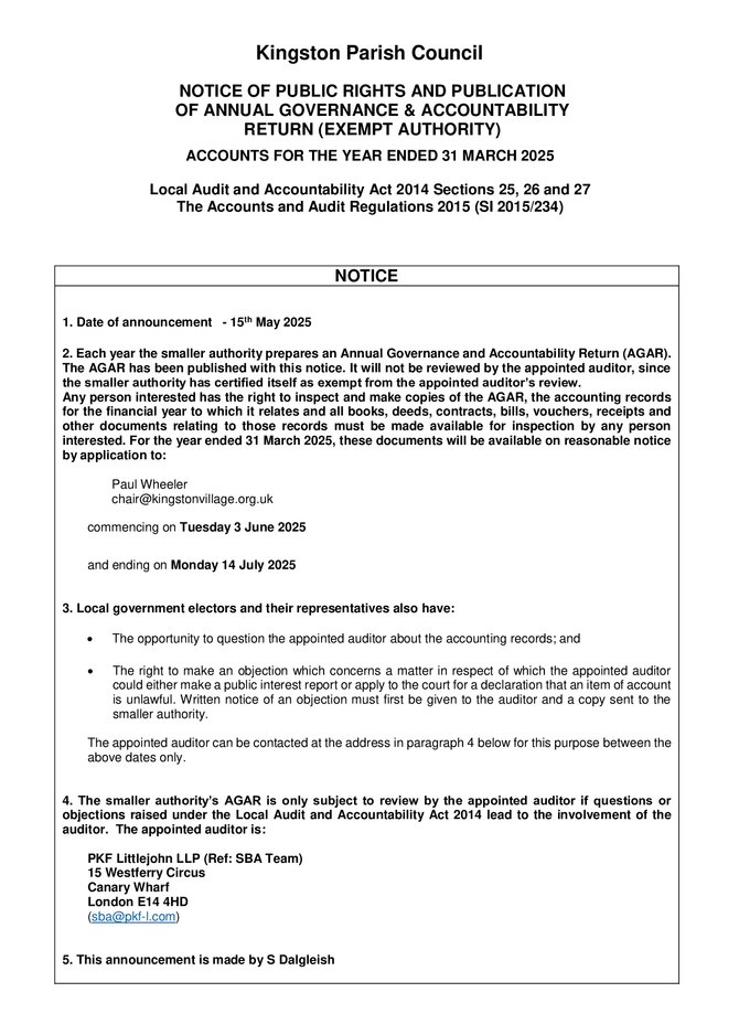 Notice of public rights and publication of AGAR year ended 31 March 2025. Inspection period 3 June to 14 July Notice of public rights and publication of AGAR year ended 31 March 2025. Inspection period 3 June to 14 July