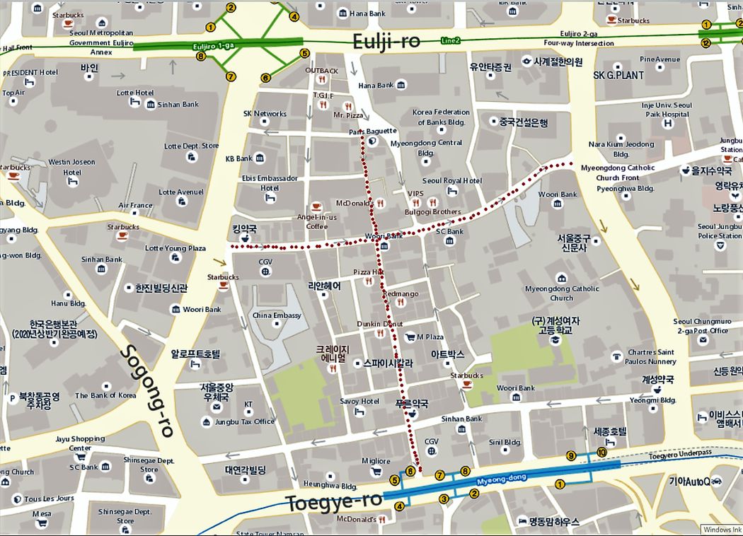 Myeongdong area.  Myeongdong-gil and Myeongdong 2-gil are marked with red dots.