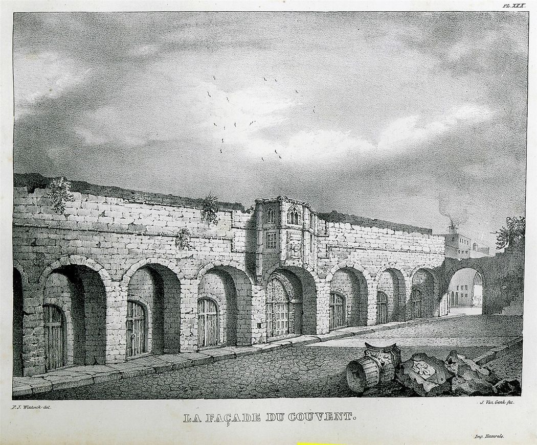 Facade of the Hospital of St.John.    (ROTTIERS, Bernard Eugène Antoine. Description des Monumens de Rhodes, dediée à sa majesté le Roi des Pays-Bas, Mme V. A. Colinez, Brussels, 1830 - Monumens de Rhodes, Mme V. A. Colinez, Brussels, 1828).