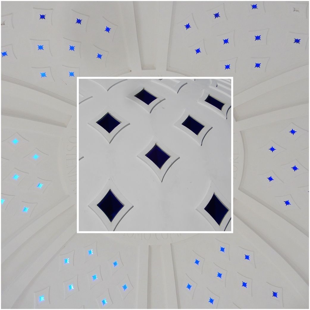The dome of the small Rotunda.  The exterior (inset) and the stars made of blue glass seen from the inside.