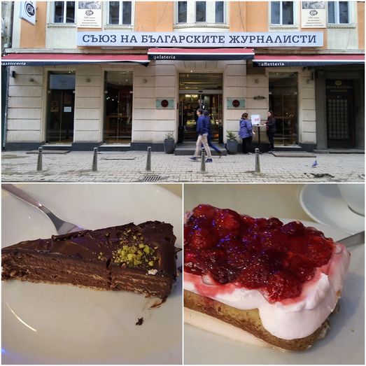 The Confetti entrance on Graf Ignatiev str (top).  Delicious cakes (bottom).