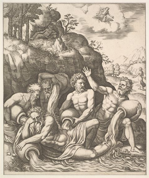 River gods consoling Peneus for the Loss of his Daughter, Daphne (by Master of the Die, 16th century AD).