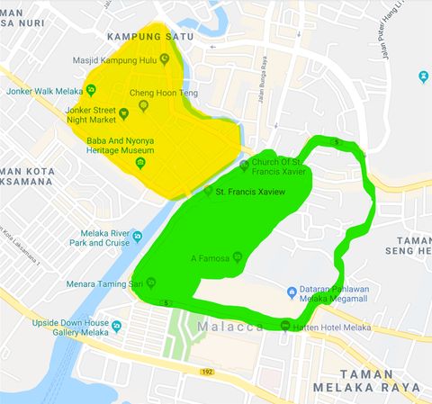 The Chinese quarter on the west (yellow color) and the European on the east (green color)