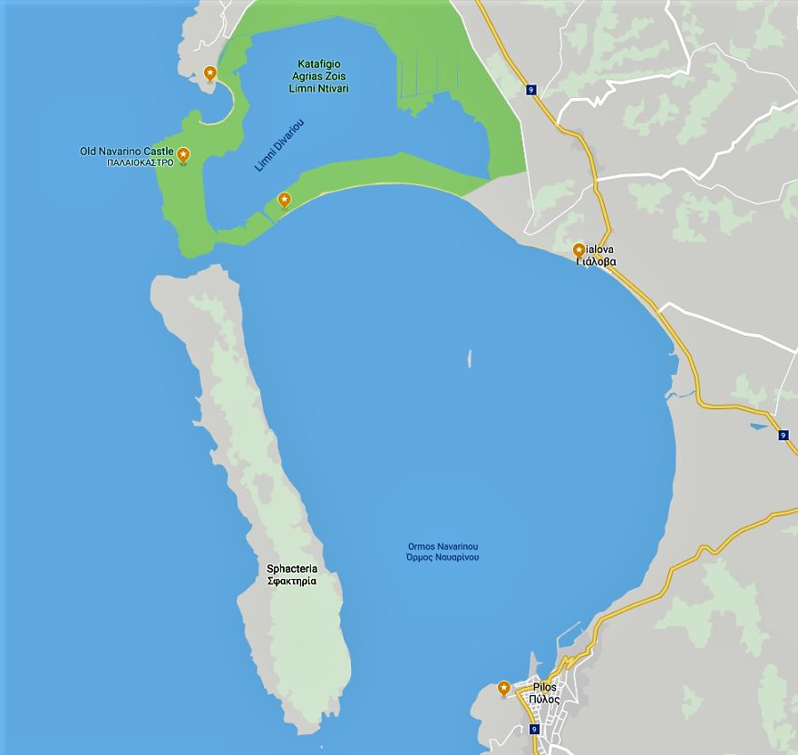 Navarino Bay (Όρμος Ναυαρίνου) is a closed bay, the north part of which is occupied by a shallow laggoon.  It's only opening (west) is blocked by Sfakteria island.