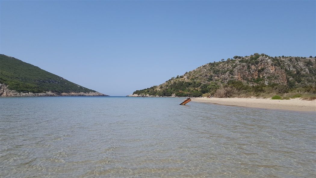 Fig pass connects Navarino Bay to Ionion Sea.  Sfaktiria island is seen on the left, Korifasio Hill and the Golden Beach on the right.