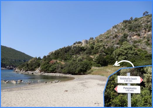 The end of Golden beach.  From here start thde trail uphill to Palaiokastro and the trail to Voidokilia beach.