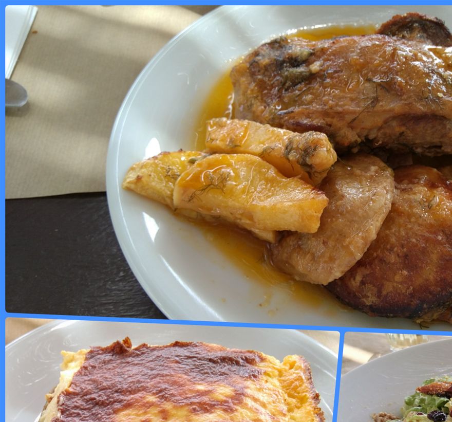 Roasted goat with artichocks (top), mussaka (bottom left) and green salad with figs and Kalamata pasteli (bottom right).