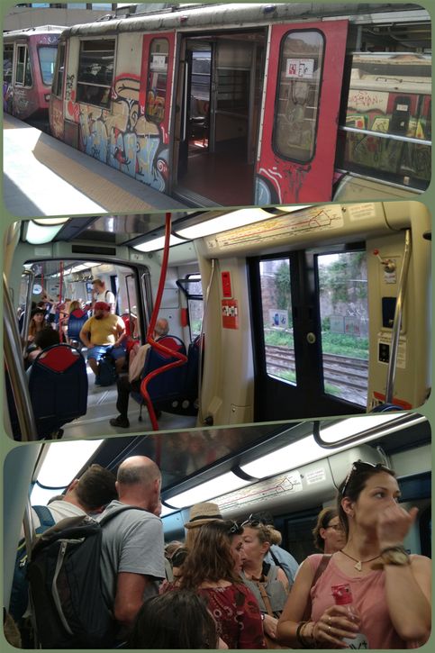 A train at Porta Nolana station (top) waiting.  The interior of the train after leaving Porta Nolana station (middle) and the interior of the train some minutes later at Garibaldi Station.