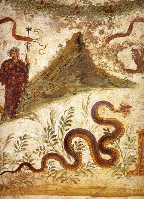 Fresco of Bacchus and Agathodaemon with Mount Vesuvius, as seen in Pompeii's House of the Centenary.
