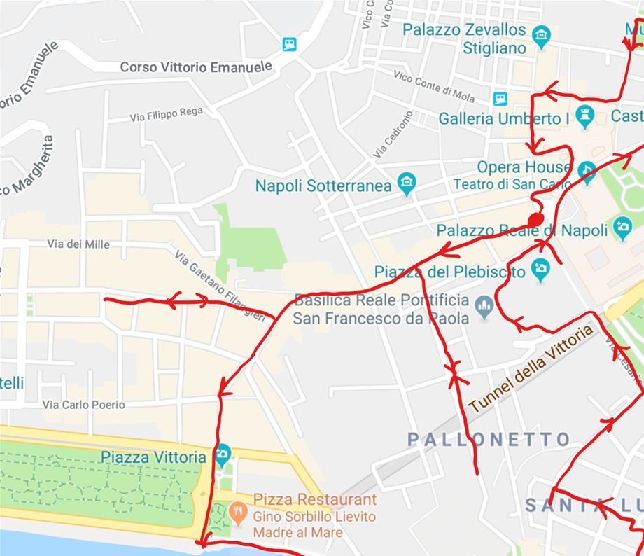 Walk no1:  Starting from Gran Caffè Gambrinus at the begining of Via Chiaia and finishing at the same place after having walked all the southern part of the city.