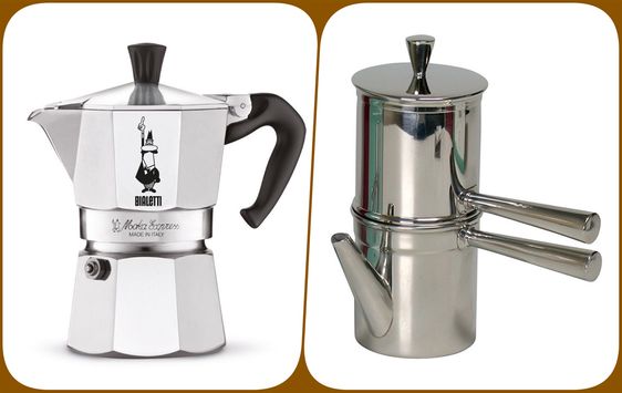 Bialetti Moka Express (left) versus cuccumella Neapolitan flip pot (right).