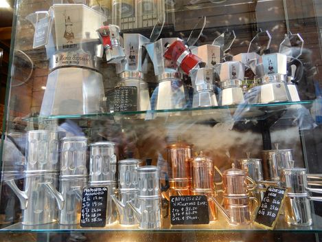 Coffee pots at a shop window. Moka express (top), Napoletane (bottom).