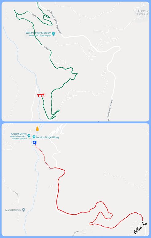 Access of Lousios River, from Dimitsana (top) and from Elliniko (bottom).