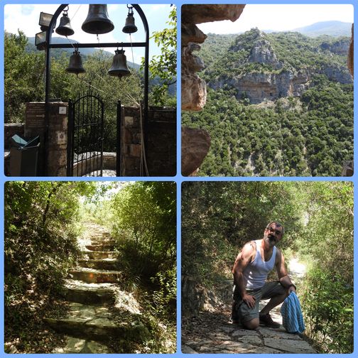 Open the metal gate with the bells hanging over it and take the path leading to the Old Philosophou Monastery.